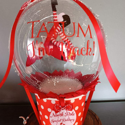 Personalised Bobo Balloon with Naughty Hanging Elf & Snow-Topped Box