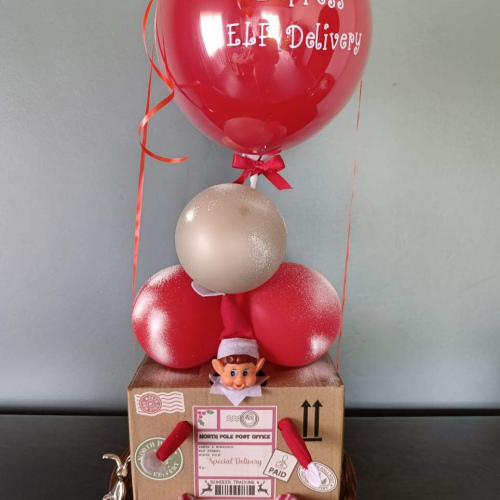 Personalised Elf Arrival Mail Order Box with Balloon & Snow Detail
